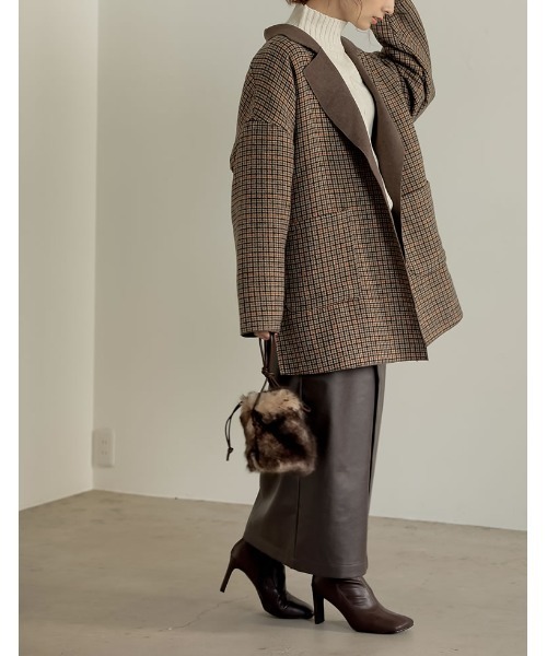 Re:EDIT（リエディ）の「オーバーサイズダブルフェイスチェック柄ミドルコート（チェスターコート・レディース・モカ/ブラック/グレイッシュベージュ/ブラウン・MEDIUM）」の16枚目の写真