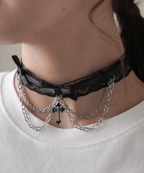 クロスモチーフ×リボン レースチョーカー（チョーカー）｜SPINNS