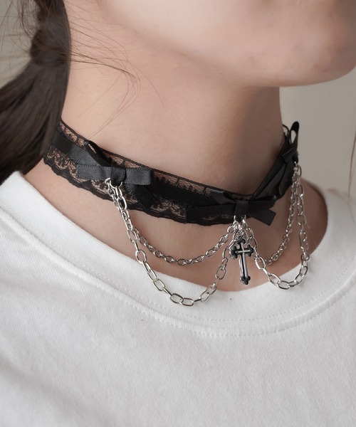 クロスモチーフ×リボン レースチョーカー（チョーカー）｜SPINNS