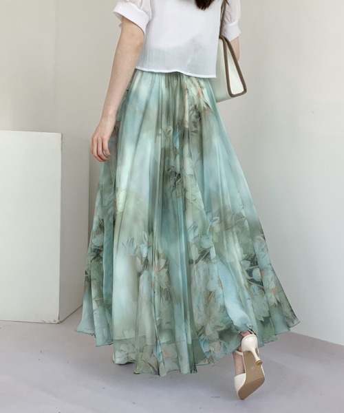 Diosfront（ディオスフロント）の「花柄フレアロングスカート（スカート・レディース・ライトグレー/ブラック/ライトグリーン/チャコールグレー・S/M）」の6枚目の写真