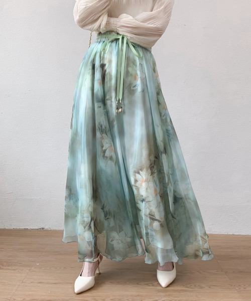 Diosfront（ディオスフロント）の「花柄フレアロングスカート（スカート・レディース・ライトグレー/ブラック/ライトグリーン/チャコールグレー・S/M）」の5枚目の写真
