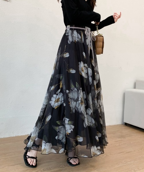 Diosfront（ディオスフロント）の「花柄フレアロングスカート（スカート・レディース・ライトグレー/ブラック/ライトグリーン/チャコールグレー・S/M）」の16枚目の写真