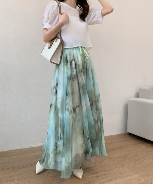 Diosfront（ディオスフロント）の「花柄フレアロングスカート（スカート・レディース・ライトグレー/ブラック/ライトグリーン/チャコールグレー・S/M）」の7枚目の写真