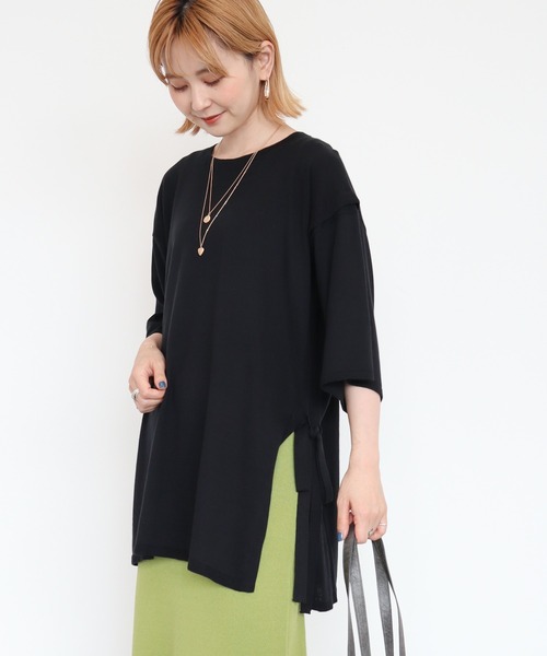 AMERICAN HOLIC（アメリカンホリック）の「5分袖サイドリボンニットチュニック（ニット/セーター・レディース・ブラック/ブルー/ボルドー・M/L）」の2枚目の写真