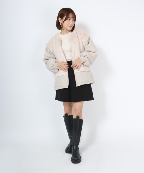 Salong hameu(サロン ハミュー)の「フェイクファーベスト×キルティングジャケット フェイクレイヤード ノーカラージップブルゾン(ノーカラージャケット・レディース・ブラック/カーキ/グレイッシュベージュ・M/L)」の9枚目の写真