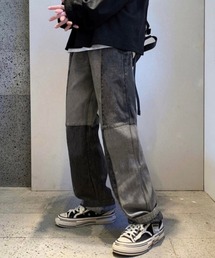 ブロックパッチワークセミワイドストレートデニムパンツ