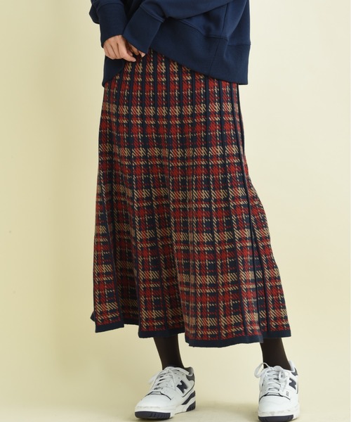 INTERPLANET（インタープラネット）の「パネルチェックニットプリーツスカート（スカート・レディース・ブラック/レッド・FREE）」の9枚目の写真