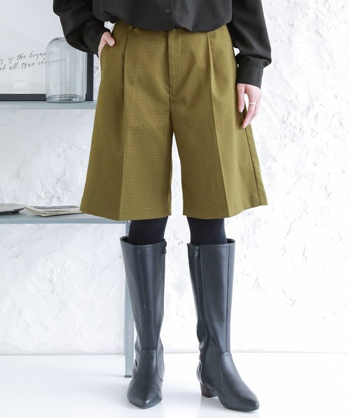 osharewalker（オシャレウォーカー）の「【廃盤】『グレンチェック柄センタープレスハーフパンツ』（その他パンツ・レディース・グレー/カーキ・1/2）」の3枚目の写真