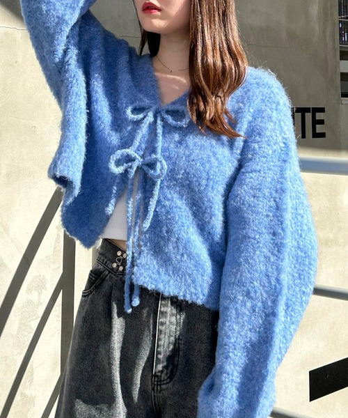 INGNI（イング）の「フロントリボンブークレーニットカーディガン(前後2way)（カーディガン/ボレロ・レディース・ピンク系/グレー/ブルー/アイボリー/ピンク・M）」の6枚目の写真