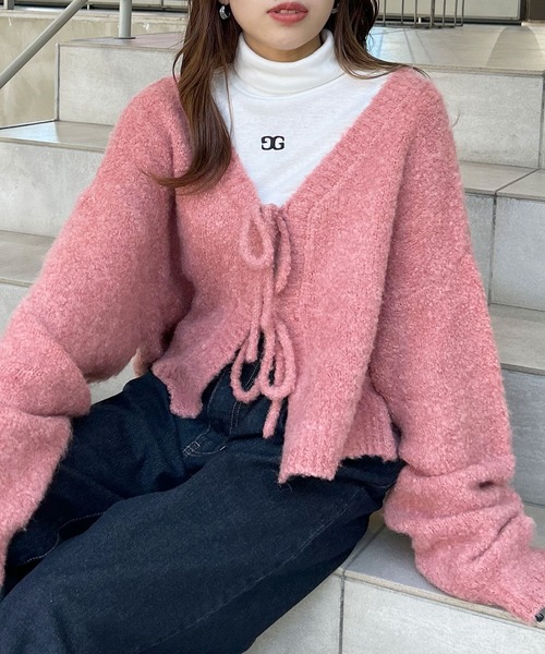 セール】フロントリボンブークレーニットカーディガン(前後2way