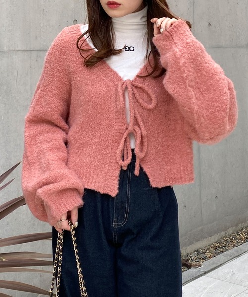 セール】フロントリボンブークレーニットカーディガン(前後2way