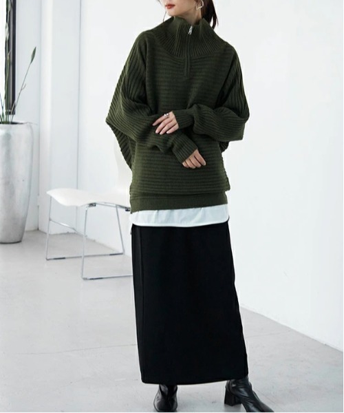 セール】リブニットハーフジップゆるタートルネックドルマンプル