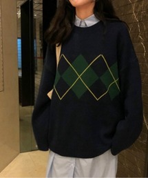 アーガイル柄クルーネックニットプルオーバー