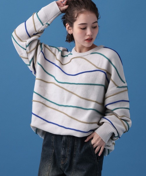 PBLIM（ページボーイリム）の「PBLIM/デザインボーダーニット（ニット/セーター・レディース・ブラック/グリーン/オフホワイト・FREE）」の2枚目の写真