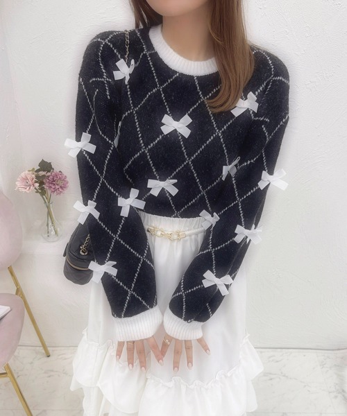 French girly collection リボン×ダイヤジャガードニット【ZOZOTOWN