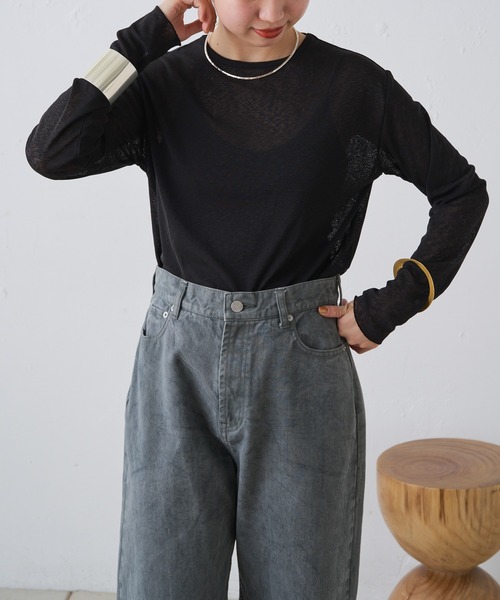 Omekashi（オメカシ）の「シアーロングTシャツ（Tシャツ/カットソー・レディース・オフホワイト/ブラック/ピンク/ブルー/グリーン・FREE）」の2枚目の写真