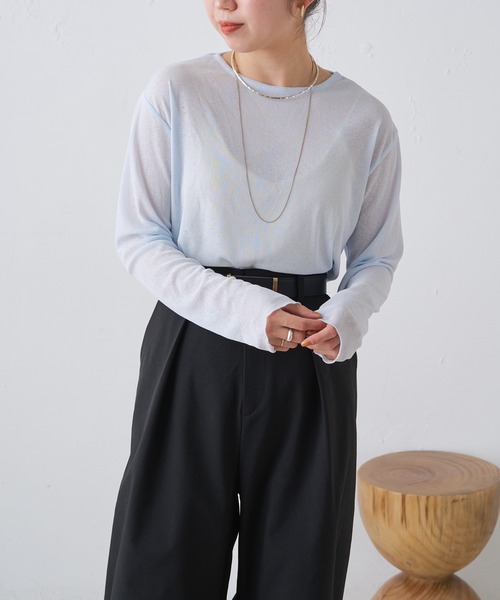 Omekashi（オメカシ）の「シアーロングTシャツ（Tシャツ/カットソー・レディース・オフホワイト/ブラック/ピンク/ブルー/グリーン・FREE）」の6枚目の写真