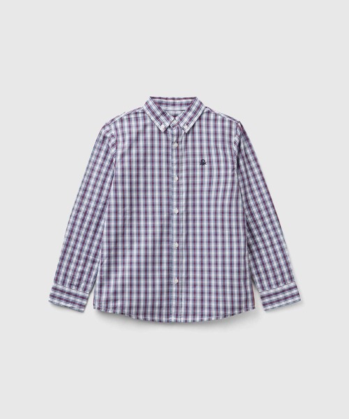 BENETTON (UNITED COLORS OF BENETTON)(ベネトンユナイテッドカラーズオブベネトン)の「キッズコットン100%ロゴ刺繍チェック柄ポプリン長袖シャツB(シャツ/ブラウス・キッズ・ネイビー/ブルー系その他・SMALL/MEDIUM/LARGE/X-LARGE)」の1枚目の写真
