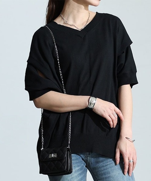 GOLDJAPAN(ゴールドジャパン)の「カットアウトスリーブVネックニット【大きいサイズ対応】(ニット/セーター・レディース・杢グレー/オフホワイト/ブラック/ネイビー/ライトグレー/ベージュ系・LL~3L/4L~5L)」の1枚目の写真