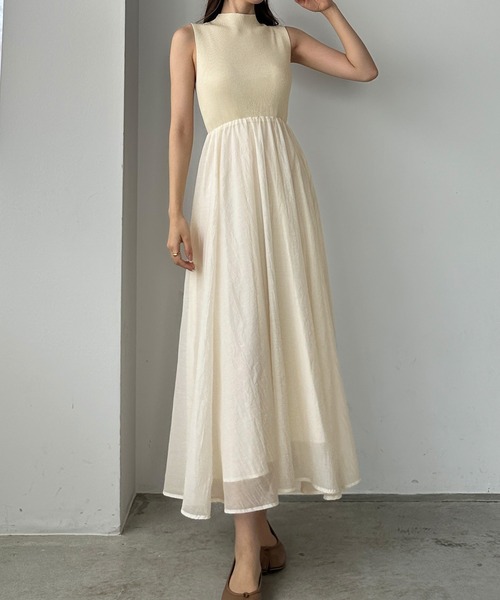 セール】ボトルネックニットドッキングワンピース【ペチスカート