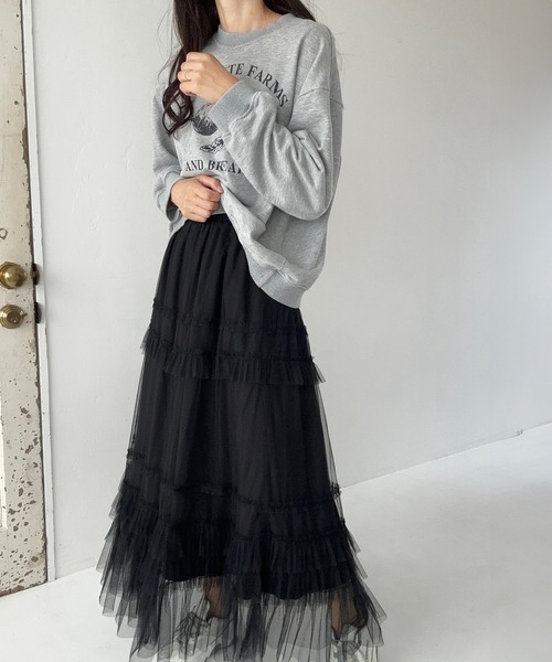 LAUIR（ラウアー）の「チュールフリルフレアスカート（スカート・レディース・ダークグレー/アイボリー/ブラック・LARGE/MEDIUM）」の4枚目の写真