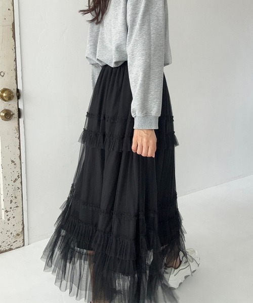 LAUIR（ラウアー）の「チュールフリルフレアスカート（スカート・レディース・ダークグレー/アイボリー/ブラック・LARGE/MEDIUM）」の5枚目の写真