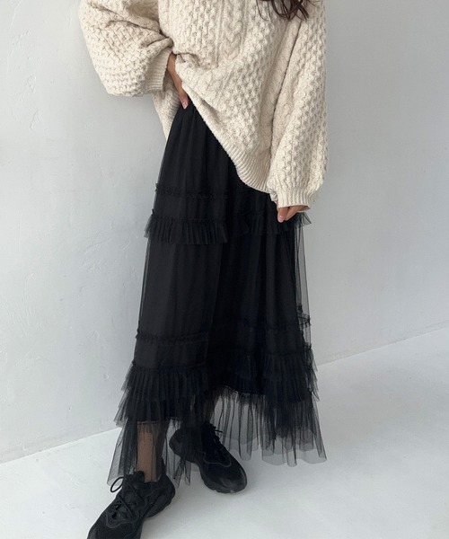 LAUIR（ラウアー）の「チュールフリルフレアスカート（スカート・レディース・ダークグレー/アイボリー/ブラック・LARGE/MEDIUM）」の6枚目の写真