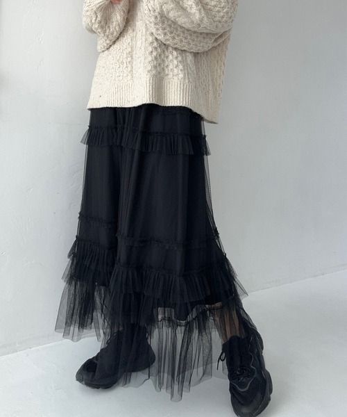 LAUIR（ラウアー）の「チュールフリルフレアスカート（スカート・レディース・ダークグレー/アイボリー/ブラック・LARGE/MEDIUM）」の7枚目の写真