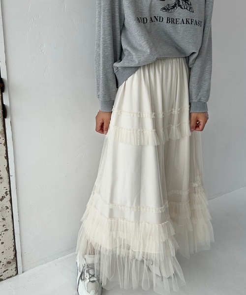 LAUIR（ラウアー）の「チュールフリルフレアスカート（スカート・レディース・ダークグレー/アイボリー/ブラック・LARGE/MEDIUM）」の8枚目の写真