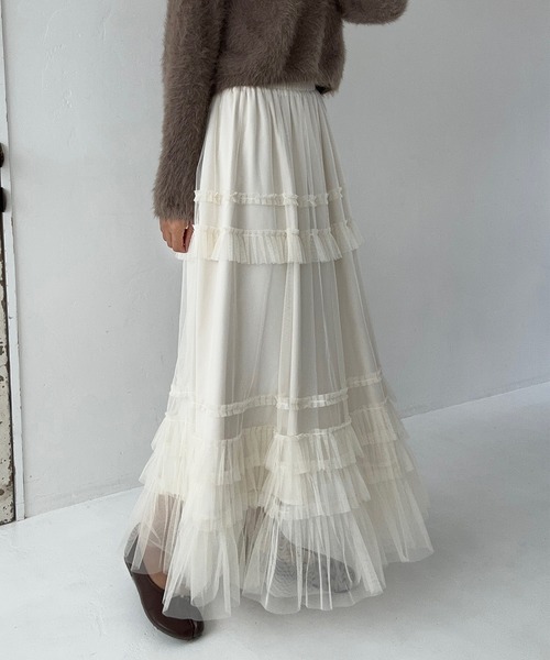 LAUIR（ラウアー）の「チュールフリルフレアスカート（スカート・レディース・ダークグレー/アイボリー/ブラック・LARGE/MEDIUM）」の11枚目の写真