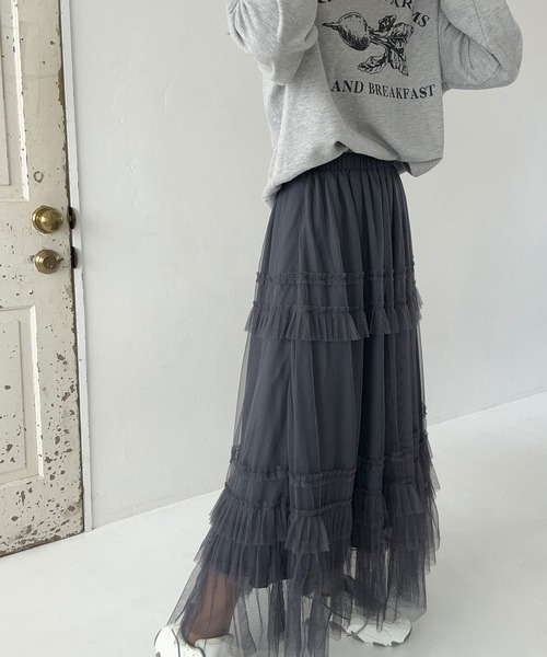 LAUIR（ラウアー）の「チュールフリルフレアスカート（スカート・レディース・ダークグレー/アイボリー/ブラック・LARGE/MEDIUM）」の13枚目の写真