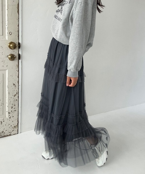 LAUIR（ラウアー）の「チュールフリルフレアスカート（スカート・レディース・ダークグレー/アイボリー/ブラック・LARGE/MEDIUM）」の14枚目の写真