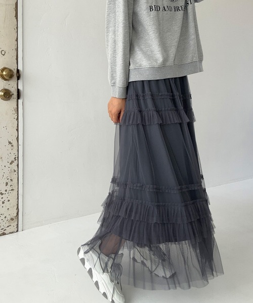 LAUIR（ラウアー）の「チュールフリルフレアスカート（スカート・レディース・ダークグレー/アイボリー/ブラック・LARGE/MEDIUM）」の15枚目の写真