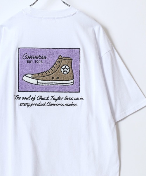 CONVERSE(コンバース)の「CONVERSE/コンバース シューズイラスト フロント/バック サガラ刺繍 ワンポイント 半袖Tシャツ レディース メンズ(Tシャツ/カットソー・レディース・ホワイト系その他2/ブルー/ブラック/ホワイト/ホワイト系その他/ホワイト系その他3/ベージュ/スミクロ・M/L/LL)」の1枚目の写真