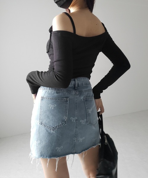 SALE *maje* リボンプリントデニムミニスカート セール】※※【 インパン裏地付き 】リボンプリントダメージ