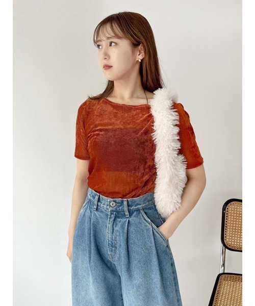 LILY BROWN(リリーブラウン)の「ブラッシュチュールギャザートップス(Tシャツ/カットソー・レディース・カーキ/ブラック/オレンジ/アイボリー・FREE)」の4枚目の写真