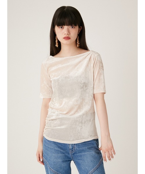 LILY BROWN(リリーブラウン)の「ブラッシュチュールギャザートップス(Tシャツ/カットソー・レディース・カーキ/ブラック/オレンジ/アイボリー・FREE)」の2枚目の写真