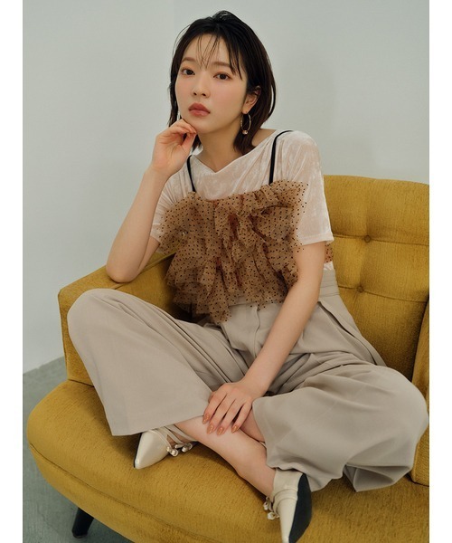 LILY BROWN(リリーブラウン)の「ブラッシュチュールギャザートップス(Tシャツ/カットソー・レディース・カーキ/ブラック/オレンジ/アイボリー・FREE)」の6枚目の写真