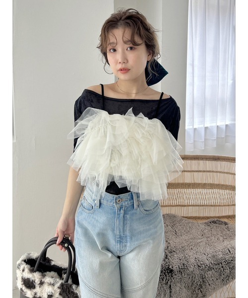 LILY BROWN(リリーブラウン)の「ブラッシュチュールギャザートップス(Tシャツ/カットソー・レディース・カーキ/ブラック/オレンジ/アイボリー・FREE)」の19枚目の写真