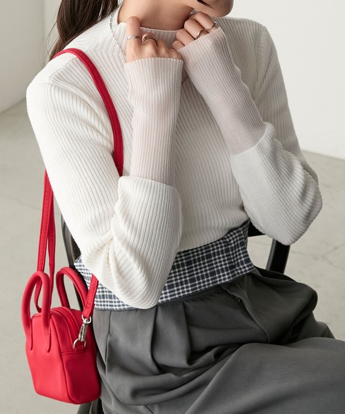 BONLECILL(ボンルシール)の「ラメシアー切替ハイネックリブニットプルオーバー(ニット/セーター・レディース・オレンジ/ネイビー/ブラック/オフホワイト/グレー・FREE)」の21枚目の写真