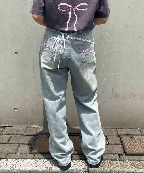 ブラックWデニム♡刺繍のリボンバッグ♡ストーン付き セール】ラインストーン付きデニムリボンバッグ（トートバッグ