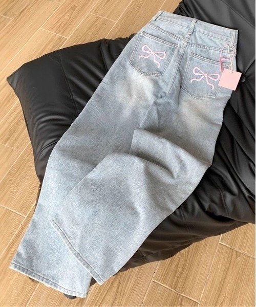 セール】WEGO/バックリボン刺繍デニムパンツ（デニムパンツ
