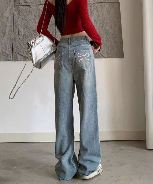 セール】WEGO/バックリボン刺繍デニムパンツ（デニムパンツ