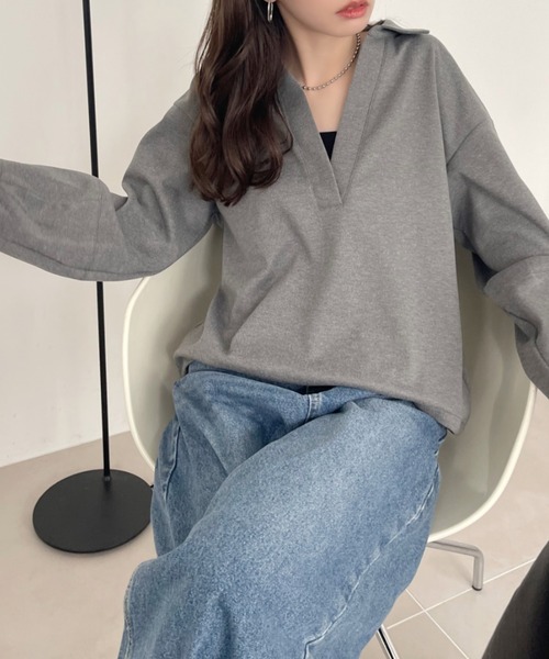 Eclat one（エクラワン）の「【Eclat one】 スキッパー ドロップショルダー トップス（その他トップス・レディース・グレー/チャコール・FREE）」の3枚目の写真