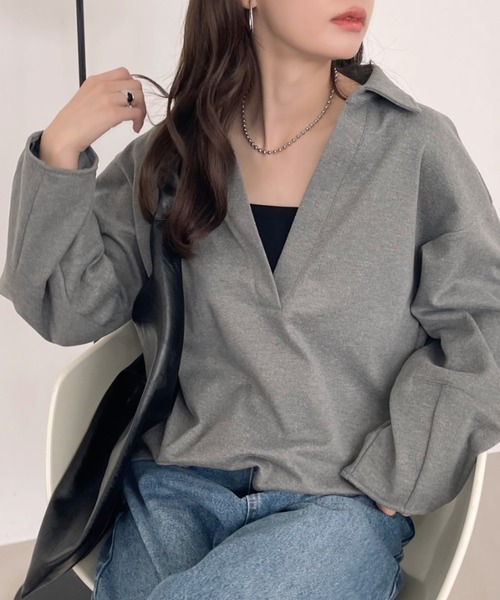 Eclat one（エクラワン）の「【Eclat one】 スキッパー ドロップショルダー トップス（その他トップス・レディース・グレー/チャコール・FREE）」の7枚目の写真