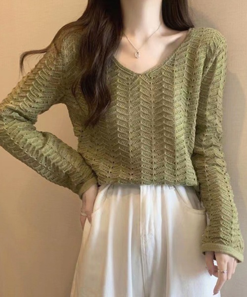Miniministore(ミニミニストア)の「透かし編みニット メッシュニット 春秋冬(ニット/セーター・レディース・黄緑系/モカ/ホワイト/ブラック・FREE)」の4枚目の写真