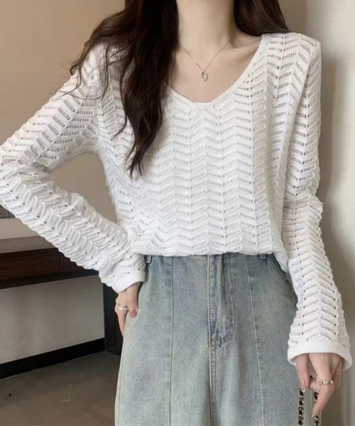 Miniministore(ミニミニストア)の「透かし編みニット メッシュニット 春秋冬(ニット/セーター・レディース・黄緑系/モカ/ホワイト/ブラック・FREE)」の1枚目の写真