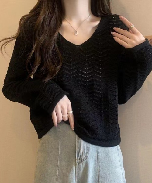Miniministore(ミニミニストア)の「透かし編みニット メッシュニット 春秋冬(ニット/セーター・レディース・黄緑系/モカ/ホワイト/ブラック・FREE)」の2枚目の写真