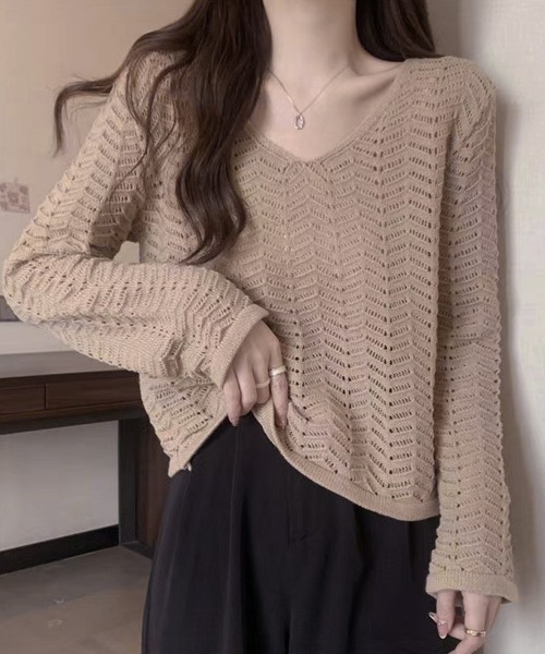 Miniministore(ミニミニストア)の「透かし編みニット メッシュニット 春秋冬(ニット/セーター・レディース・黄緑系/モカ/ホワイト/ブラック・FREE)」の3枚目の写真