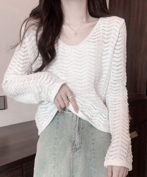 Miniministore(ミニミニストア)の「透かし編みニット メッシュニット 春秋冬(ニット/セーター・レディース・黄緑系/モカ/ホワイト/ブラック・FREE)」の6枚目の写真